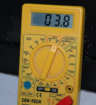 Meter displays 3.8v of power measured in the water.
